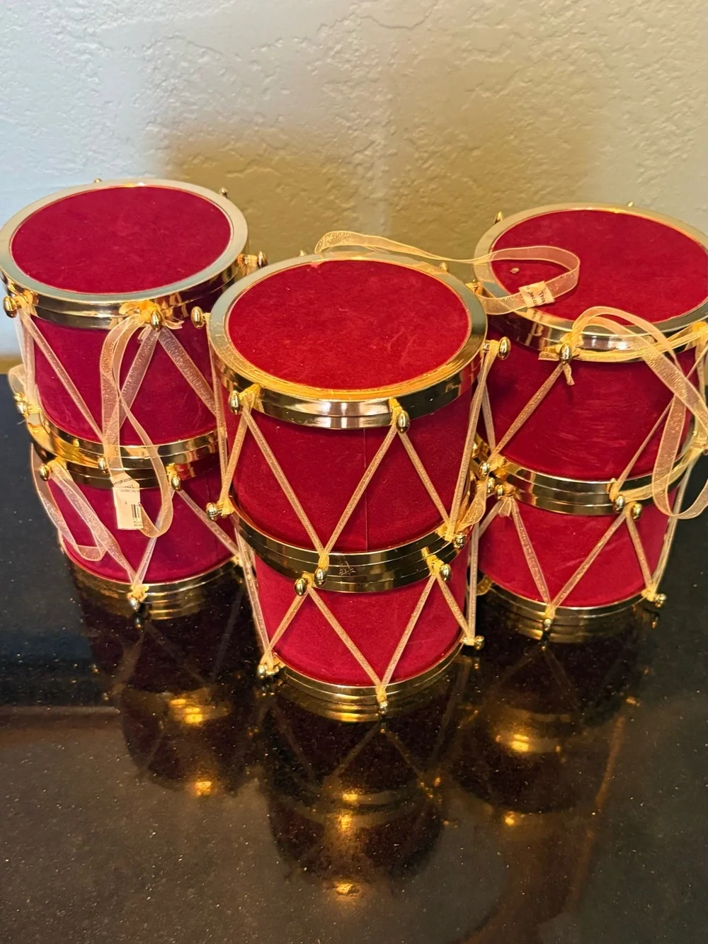 Six Festive Red Drum Ornaments with Gold Accents 4” Diameter